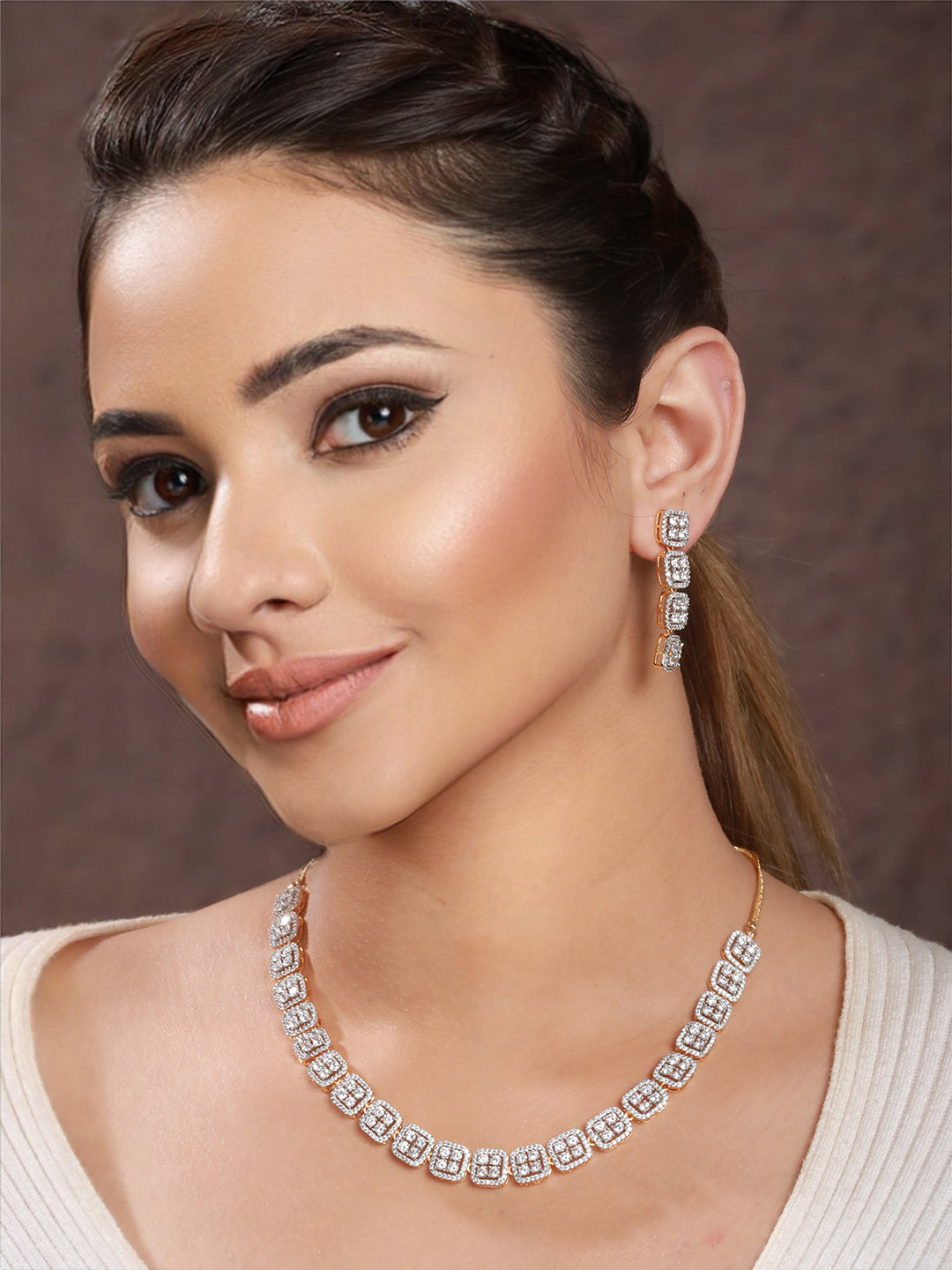 Gold Polished White CZ Studded  contemporary Jewellery set